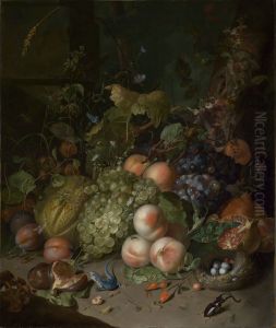 Fruit, a nest, a lizard and insects in a wood by Rachel Ruysch