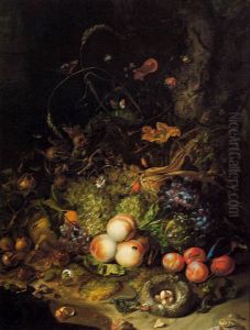 Flowers, fruit, reptiles, and insects on the edge of a wood by Rachel Ruysch