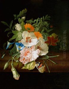 Posy of flowers, with a red admiral butterfly, on a marble ledge by Rachel Ruysch