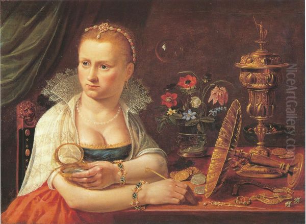 Possibly self-portrait of Clara Peeters, seated at a tabel with precious objects - view 1