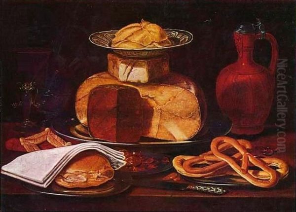 Still life with cheesestack, a bun and pretzels - view 1