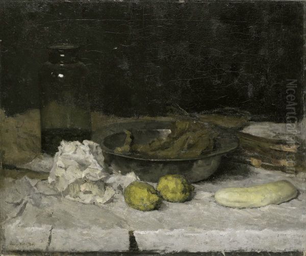 Still life with a a bottle and tin plate - view 1