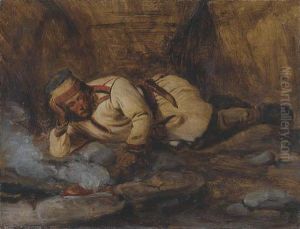 A Laplander asleep by a fire . by Francois-Auguste Biard