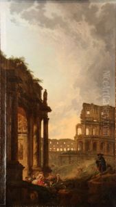 Passage d'un troupeau devant le colisee et l'arc de Constantin a Rome by Hubert Robert