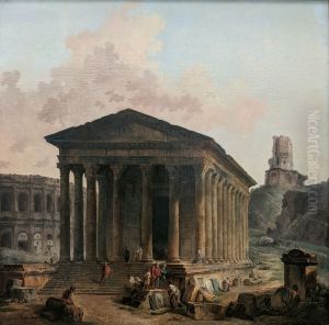 La Maison carree, les arenes et la tour Magne a Nimes by Hubert Robert