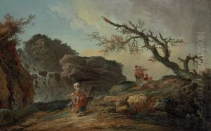 a rocky hillside with a peasant woman and child near a waterfall and boys resting by a blasted tree