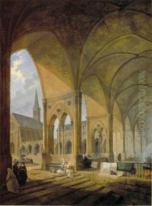 The cloister of the English Augustinian Convent of Notre-Dame-de-Sion, Paris. by Hubert Robert