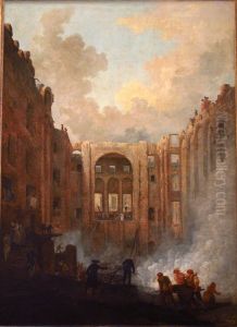 La fin de l'incendie du theatre de l'Opera de Paris, deuxieme salle duPalais-Royal, le 8 juin 1781. by Hubert Robert