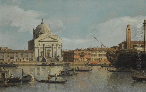 Venice, a view of the Churches of the Redentore and San Giacomo, with a moored Man-of-war, Gondolas and Barges - view 1