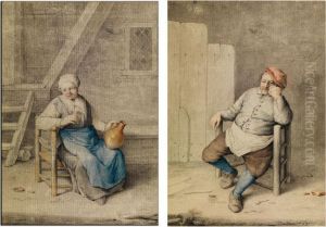 Sitzende Bauerin Mit Tonkrug Und Glas In Einer Scheune