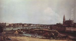 Ansicht von Dresden vom linken Elbufer, Die Bastion Sol mit Augustusbrucke und der Hofkirche by Bernardo Bellotto
