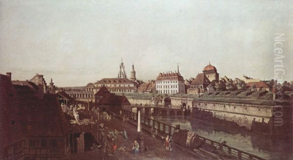 Ansicht von Dresden, Die Festungswerke in Dresden, Festungsgraben mit Brucke zwischen Wilschen Tor und Postmeilensaule - view 1