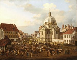 The New Town Market Square with St. Kazimierz Church. by Bernardo Bellotto