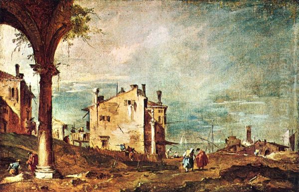 Ruins of an Arch and Farmhouses by a Lagoon - view 1