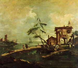 Capriccio, Szene: Baufallige Kirche, Bauernhaus und Figuren an einem Fluss der Lagune by Francesco Guardi