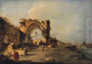 View of a Village with a Bridge and a Ruined Monumental Gothic Door by Francesco Guardi