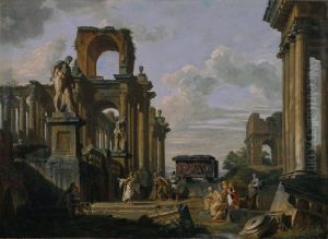An Architectural Capriccio of the Roman Forum with Philosophers and Soldiers among Ancient Ruins, including the Arch of Janus Quadrifrons, the Sarcophagus of Santa Constanza, the Farnese Hercules and the Cincinnatus