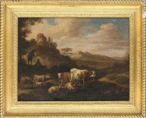 An Italianate Landscape With Cattle And Shepherds by Michiel Carre