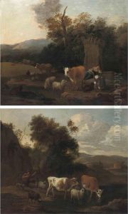 A Wooded Landscape With A Drover And Her Cattle At Rest Byclassical Ruins by Michiel Carre