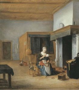 An Interior With A Woman Seated By The Fire Holding A Child Uponher Lap by Franciscus Carree