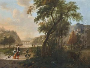 An Mountainous Wooded River Landscape With Elegant Company Conversing On A Track by Hendrik Carree