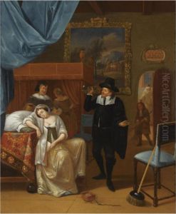 A Bedroom Interior With An Ill Lady And A Doctor, Other Figures Inthe Background by Hendrik Carree