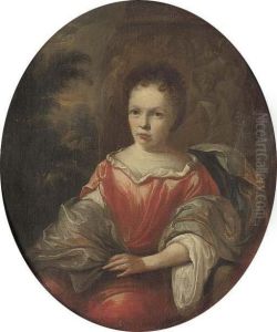 Portrait Of A Lady, Seated, Three-quarter-length, In A Red Satindress With A Blue Mantle, A Classical Relief And A Wooded Landscapebeyond by Hendrik Carree