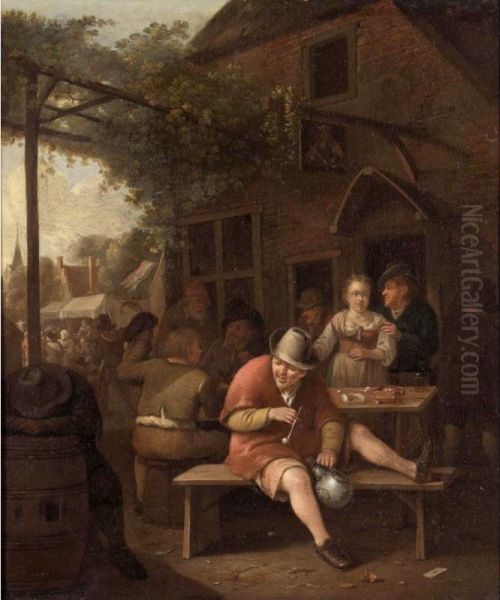 Figures Smoking And Drinking Outside An Inn - view 1