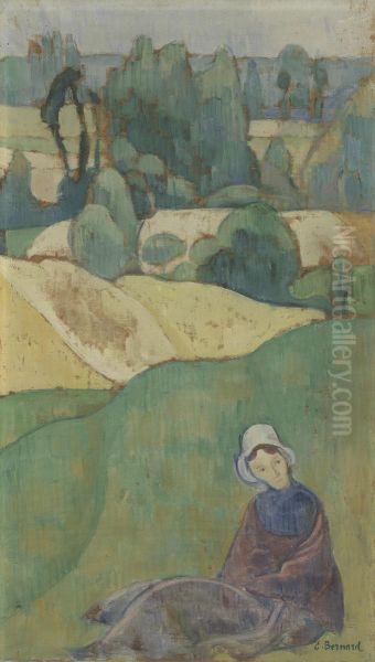 Vrouw zittend in een veld: Bretagne - view 1
