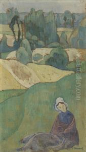 Vrouw zittend in een veld: Bretagne Vrouw zittend in een veld: Bretagne