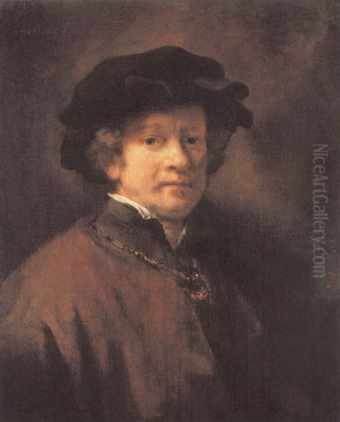 Self portrait with black baret and golden chain - view 1