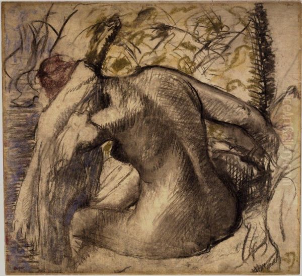 Femme nue assise s'essuyant les cheveux - view 1