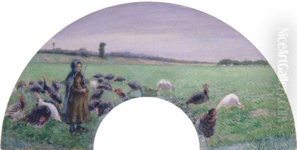 Girl in Field with Turkeys - view 1