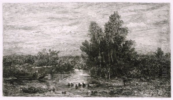 Fisherman on River with Ducks - view 1