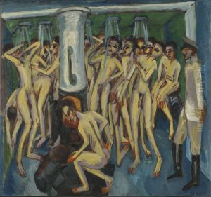 The soldier bath / Artillerymen / Artillerymen in the Shower by Ernst Ludwig Kirchner