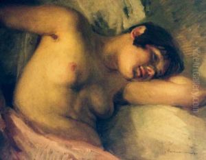 half nude in pink drapery by Boleslaw Barbacki