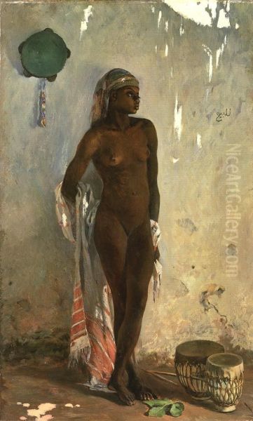 Nude female slave with tambourin - view 1