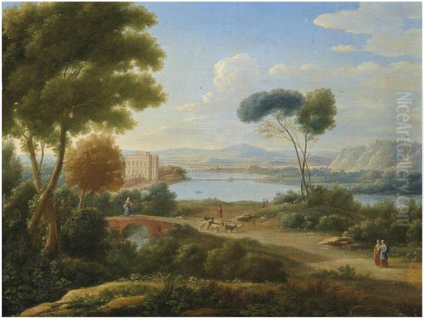 A classical river landscape with figures on a path and a palace in the distance - view 1
