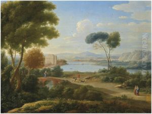 A classical river landscape with figures on a path and a palace in the distance by Hendrik Frans van Lint (Studio Lo)