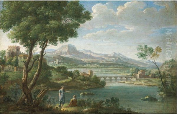 An Italianate landscape with figures resting, a fortress, bridge and mountains beyond - view 1