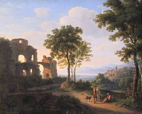 Sunlit ruin landscape with a family on a way and shepherd with sheeps - view 1