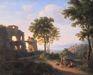 Sunlit ruin landscape with a family on a way and shepherd with sheeps by Johann Nepomuk Schodlberger