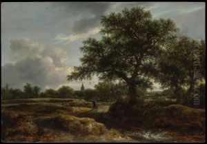 Landschap met dorp in de verte by Jacob Van Ruisdael