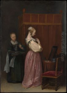 Jeune femme a sa toilette avec une servante by Gerard Ter Borch