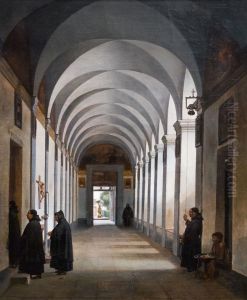 Monks in the Cloister of the Church of Gesu e Maria, Rome by Francois Marius Granet