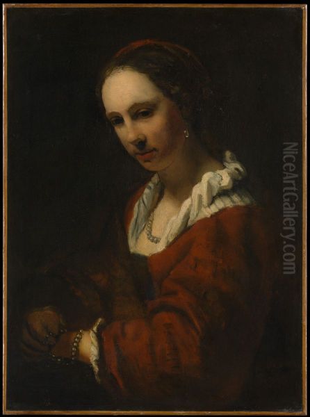 Young Woman with a Pearl Necklace, formerly called Hendrickje Stoffels, copy after a painting by Drost in Dresden - view 1