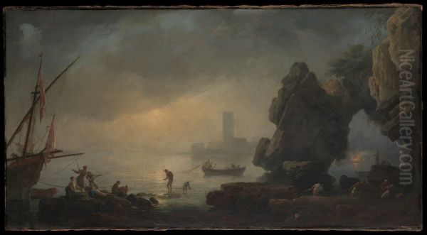 Harbor Scene with a Grotto and Fishermen Hauling in Nets - view 1