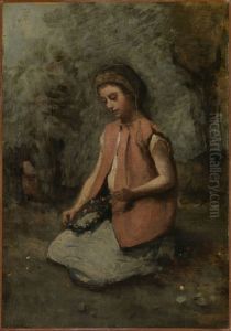 Girl Weaving a Garland by Jean-Baptiste Camille Corot