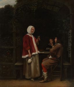 A Woman and Two Men in an Arbor by Pieter De Hooch