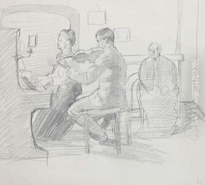Ted At The Violin - A Study Of The Artist's Family by Dora Carrington